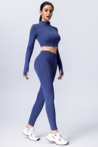 Ensemble 2 pièces veste de sport et pantalon long assorti, col roulé, manches longues, taille élastique, séchage rapide, sans couture - Product Image 4