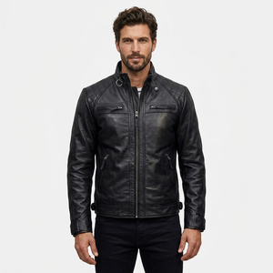 Chaqueta de Cuero Genuino Negra para Hombre, Ajustada, Estilo Motero, Cafe Racer, de Piel de Vacuno, con Hombros Acolchados, Clásica, Personalizada, Cálida para Invierno - Product Image 1