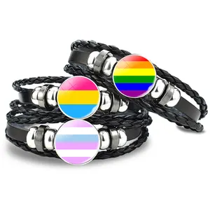 メーカーLGBTQゲイプライドラブイズラブウィンレインボーフラッグデザインブレスレットスナップボタンチャームLGBTレザーラップブレスレット