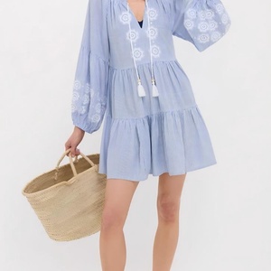 Vestidos de Verano al por Mayor para Mujer, Vestidos Casuales Holgados y Modestos, Vestido Mini con Cuello en V, 100% Algodón, Bordado Floral - Product Image 4