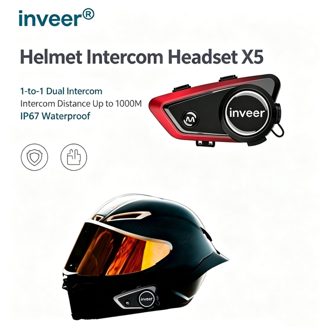Inveer X5 1000M Motorcycle Helmet  Intercom Headset IPX67 Waterproof Duplex Talk Motorbike Communication System
