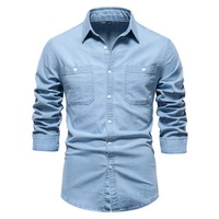 Chemise en jean délavé foncé anti-plis 100 % coton pour homme, taille européenne, couleur unie, manches longues, col rabattu, tie-dye