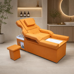 Chaise de lavage professionnelle en cuir orange avec <span class=keywords><strong>système</strong></span> intégré de spa capillaire pour équipement de salon de coiffure haut de gamme - Product Image 1