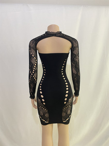 Fall Hot Club Party Bodycon Mini Tight Sexy Beading See Through Hollow Out Mesh Vestido <span class=keywords><strong>de</strong></span> manga larga Barato Casual Vestido <span class=keywords><strong>de</strong></span> mujer - Product Image 4