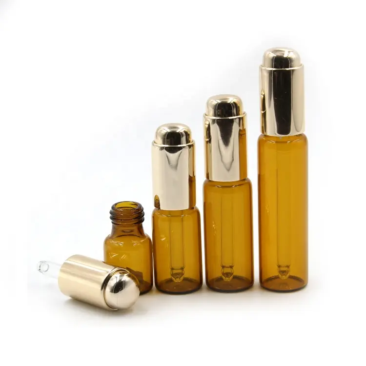 3ml 5ml 15ml 10ml 20ml Golden Clear Oil Skincare Set Direct Deal Glass Bottle with Aluminum Gold Pressure Pump Dropper