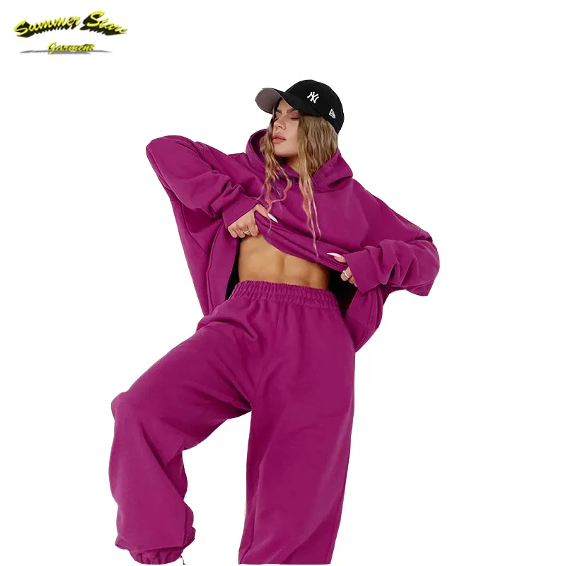 Winter Clothing 2 Piece Set Women Pink Fleece Sweatpants And Hoodie Set Cotton Women Jogger Set