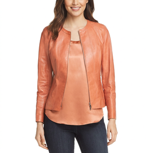 <b>Womens</b> <b>Tan</b> Leather <b>Jacket</b> Round Collar Full Zip Casual Outerwear Long Sleeve Real Leather Coat Ladies Elegant Fashion <b>Jackets</b> - Product Image 4