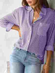 I-0616 Spring Casual Women's Pocket Striped <b>Long</b> Sleeve Shirts Loose <b>Tops</b> Blouse Classic Lapel Button Lady Casual Shirt - Product Image 6