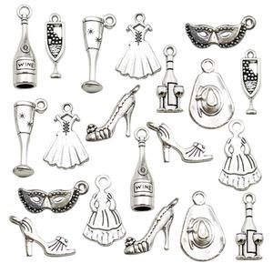 Colgantes de aleación de plata antigua con diseños de vestido de novia, tacón alto, copa de vino y máscara para joyería DIY y accesorios de fiesta para mujer - Product Image 5