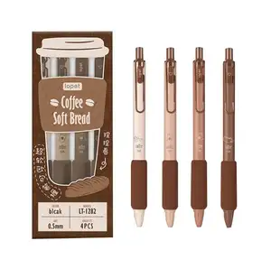 Lopet 0.5mm ST nibs coffee color soft grip retractable premium cartoon gel pen with metal clips 4 pcs pack