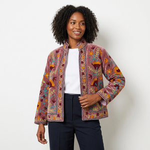 Veste matelassée pour femme en velours floral brodé à la main Suzani avec doublure en coton, col montant - Cadeau printemps/été/automne/hiver - Product Image 3