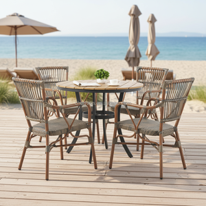 Muebles de Patio, Silla de Mimbre de Ratán con Respaldo Alto, Juego de Mesa de Comedor Redonda, 4 Juegos de Sillas de Jardín para Exteriores - Product Image 1