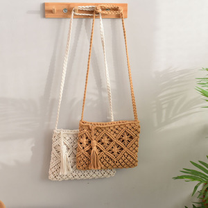 Simple Tassel Handbag Woven Bohemian Shoulder <b>Bag</b> Summer Beach <b>Bag</b> Brown And White Horizontal Square Single Strap Zipper Closure - Product Image 1
