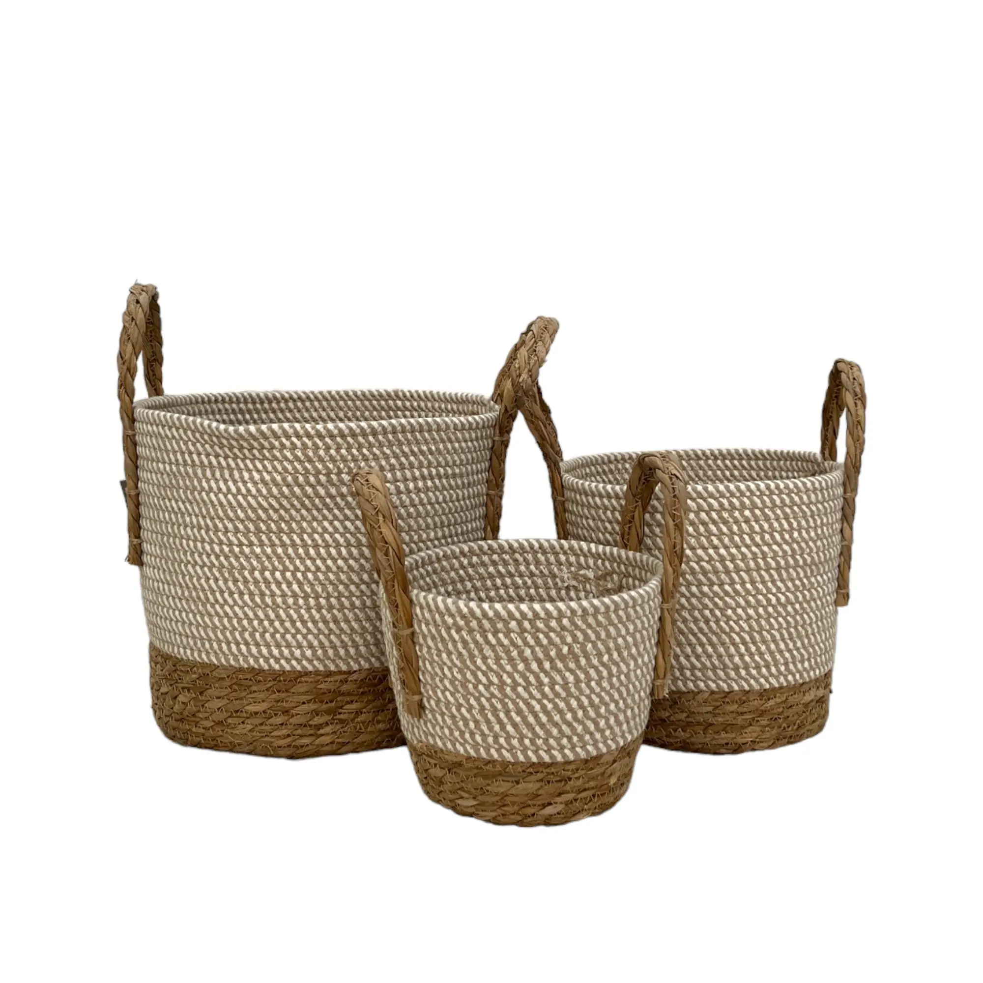 Venda quente decoração home armazenamento artesanato cesta de algodão corda cattail grama cesta com duas alça feita na China