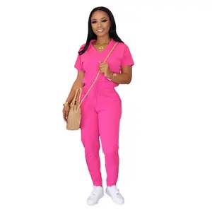 Summer colorful short sleeve and trousers two-piece suit Women's solid color V-neck lace workout suit supplier