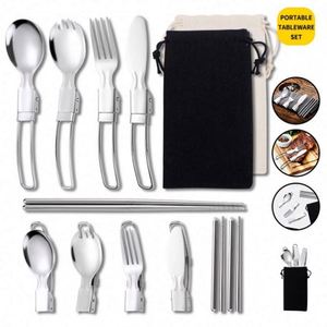 High Quality Collapsible Stainless Steel Camping Portable Set 3pcs Knife Fork Spoon Camping Dinnerware Set Tableware Set - Product Image 2