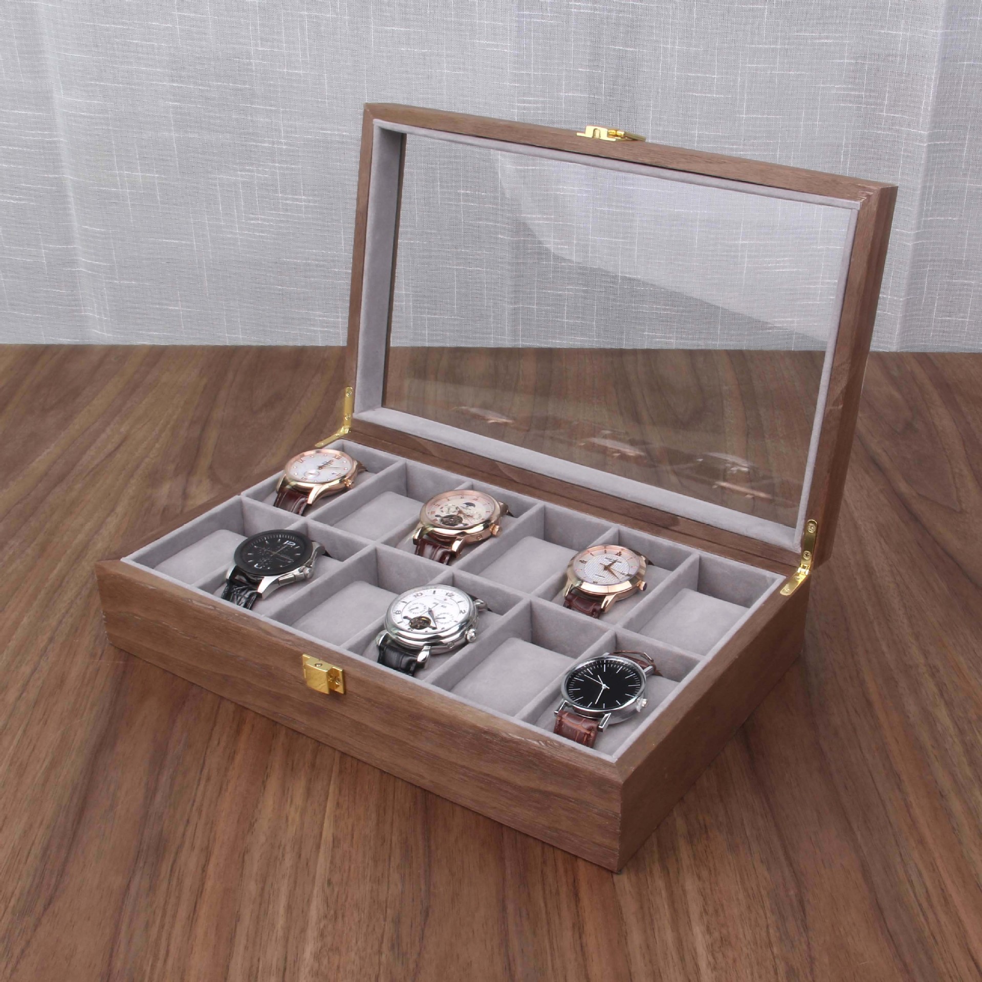Boîte à montres en noyer noir améliorée, 12 emplacements/intérieur gris