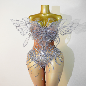 Combinaison en maille transparente avec ailes de papillon 3D en strass argentés, costume de scène pour femmes, tenue de danse pour drag queen - Product Image 4