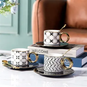 Modern 3 Color Mixing Custom Decal Luxury Coffee Tea Cup Set Ceramic Cup And Saucer With Gold Handle