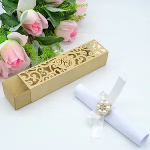 Caja de invitación de boda personalizada, cajas de invitación de desplazamiento de invitaciones cortadas con láser
