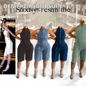 Vente en gros F88558 une pièce fermeture éclair stretch jean automne licou dos nu combishorts femmes été Satin combinaison - Product Image 2