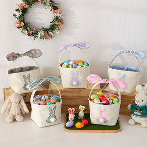 Panier <span class=keywords><strong>de</strong></span> Pâques personnalisé en gros avec nœud, panier à œufs <span class=keywords><strong>de</strong></span> Pâques, panier <span class=keywords><strong>de</strong></span> Pâques en toile avec queue <span class=keywords><strong>de</strong></span> lapin en pompon à carreaux, lapin mignon personnalisé - Product Image 4