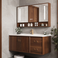 Meja Rias Kamar Mandi Mewah Bergaya Retro dari Kayu Walnut Solid dengan Wastafel, Bak Cuci Keramik Terintegrasi, Kabinet Cermin Pintar, Pemasangan di Dinding