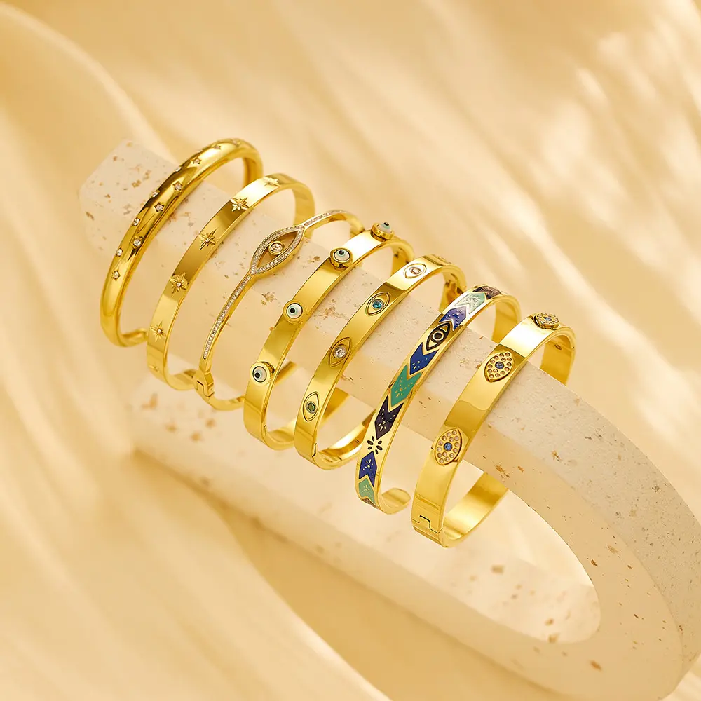 Fashion 18K Gold Plated Bracelet Bangle Open 316l Stainless Steel No Fading Bracelet Women Devil Eye Zircon Diamond Bracelet