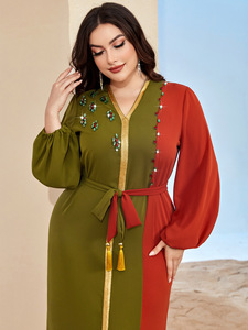 Vestido Abaya verde para mujer con cuello en V rojo naranja Costura informal elegante Moda europea de Oriente Medio para intelectuales - Product Image 2