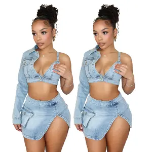 F88559 New Trendy Summer Off Shoulder Crop Top Jacket Matching Denim Skirt Two Piece Short Set For Women