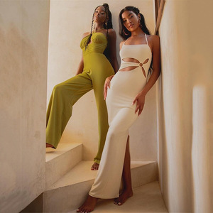 Mono de mujer con cuello halter, cintura alta, pantalón recto, estilo urbano, tela de poliéster FD9072 - Product Image 2