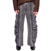 Jean DIZNEW pour homme gris foncé délavé, coupe large, longueur intégrale, avec volants 3D froncés sur le côté, couche d'armure, surpiqûres contrastées, broderie DIZNEW OEM