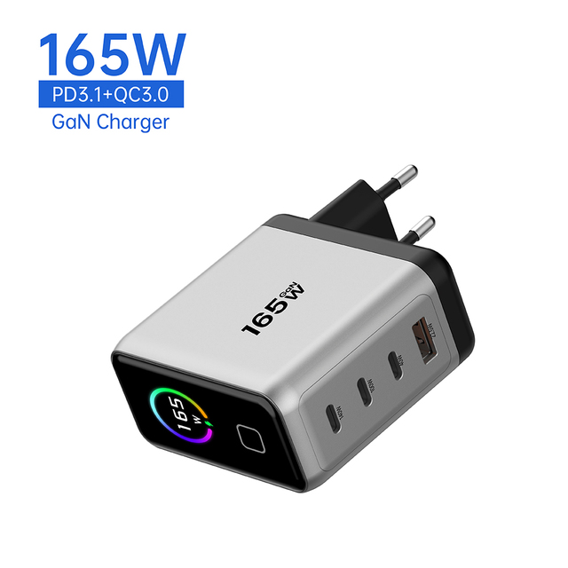 165W GaN Wall Charger with Smart TFT Display 4-Port PD3.1 Fast Charging ODM/OEM Type-c Usb-c Fast Charger Power Adapter