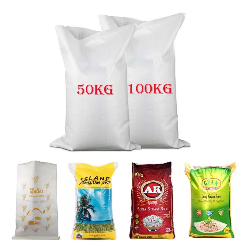 Saco de embalaje de plástico laminado tejido PP de polipropileno Bopp vacío estándar de fábrica bolsa de arroz 25KG 50kg 100KG bolsa de arroz