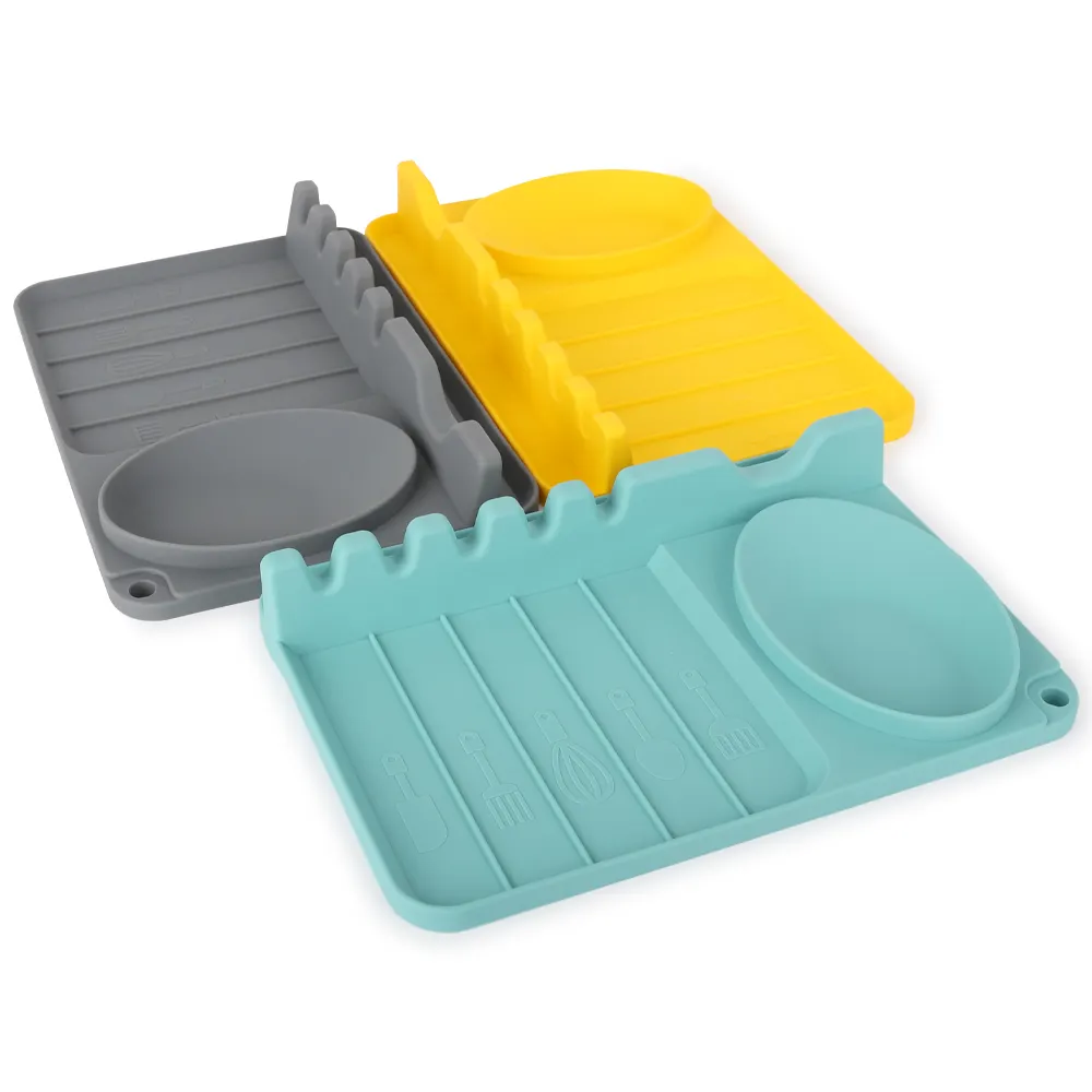 Conjunto de utensílio de cozinha, acessório de silicone para descanso de espátula, colher de silicone antiderrapante, ferramenta de cozinha e prateleira de armazenamento