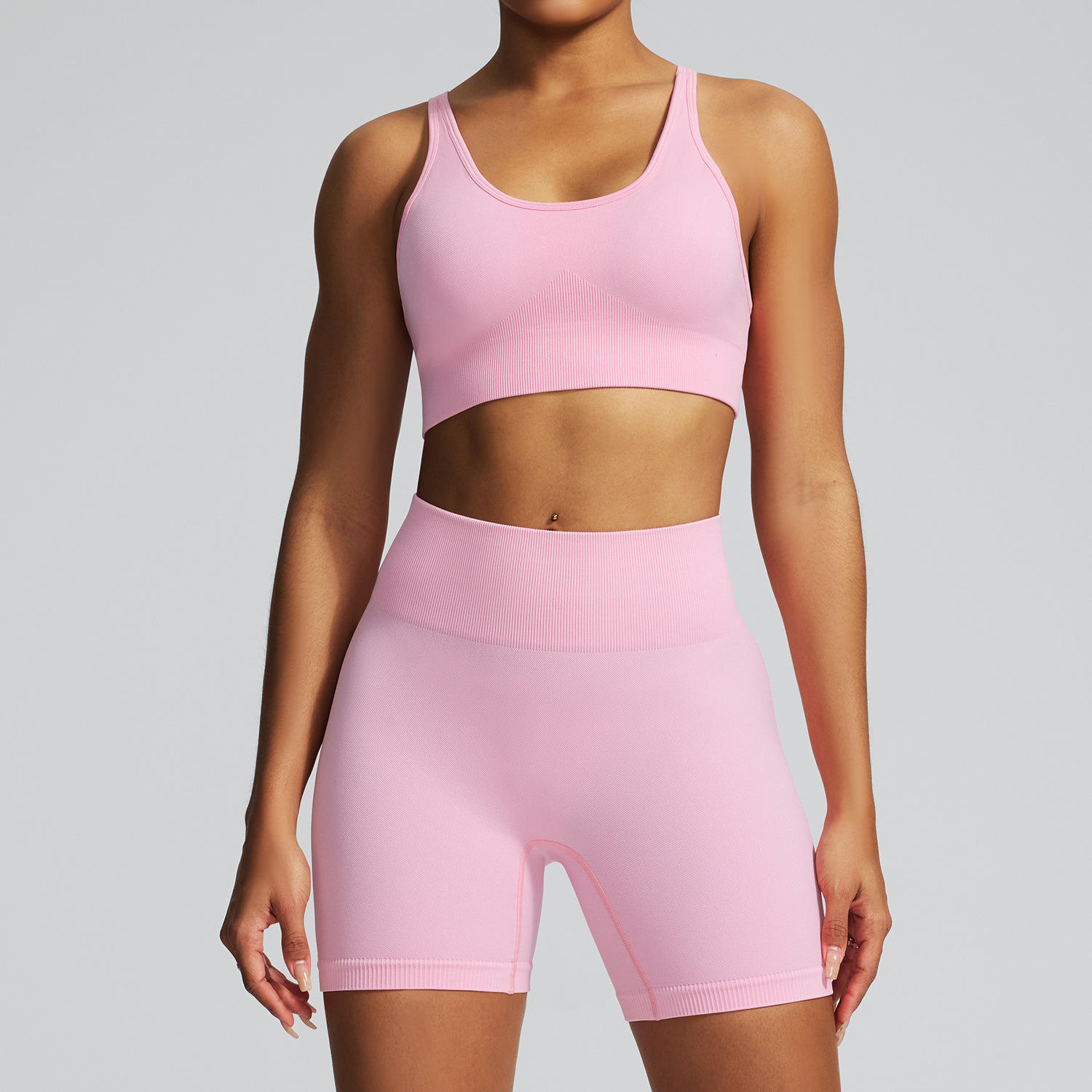 Soutien-gorge rose col V et short rose