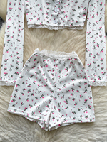 Ensemble haut à manches longues boutonné et short ajusté pour femme, style Y2K, avec dentelle florale, pour le printemps et l'été