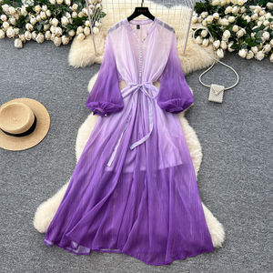 Tunique <span class=keywords><strong>romaine</strong></span> d'été Bandage Casual Midi Dress For Women Lantern Sleeve Empire Gradient Mesh Dress - Product Image 2