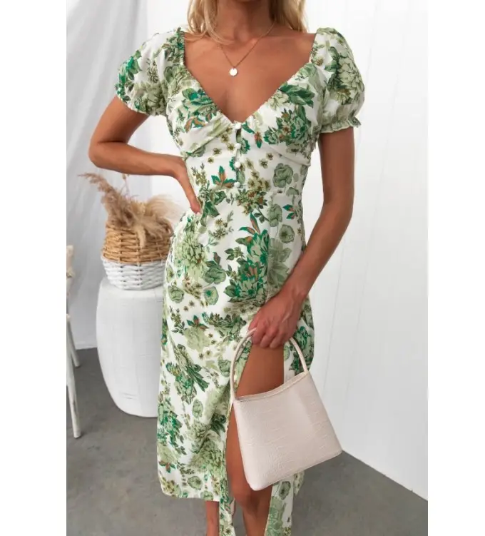 Tersedia stok tersedia untuk wanita gaun harian motif bunga Boho gaun Midi ibu rumah tangga leher V seksi stok tersedia