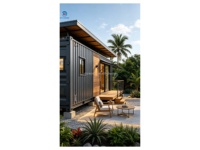 Maison conteneur préfabriquée de luxe étanche 1 chambre 1 salle de bain, toiture en acier ondulé foncé, barre pliante, garde-corps de terrasse moderne