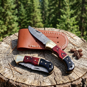 Couteau de poche pliant artisanal en acier Damas, couteau utilitaire pour le camping en plein air, manche en bois, étui en cuir, logo personnalisé OEM/ODM - Product Image 1