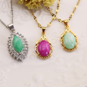 HY0020精致别致的天然绿色紫红色CZ铺路椭圆形侯爵夫人玉吊坠不锈钢项链女士 - Product Image 2