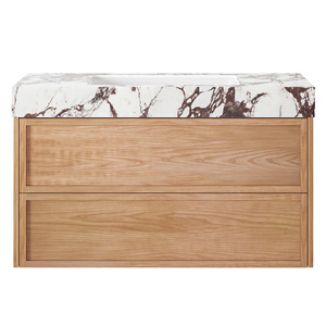 Mueble de Baño Flotante de Roble sin Tiradores, con Dos Cajones Profundos de Almacenamiento, Encimera de Cuarzo con Vetas Púrpuras Impresionantes para Baño - Product Image 3