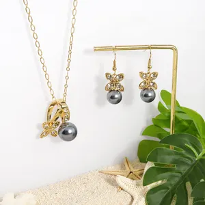Hawaiian Jewelry 14k gold plated red black shell pearl flower necklace earrings set american diamond jewellery sets