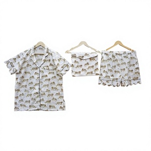 Conjunto de Pijama de 3 Piezas para Mujer, 100% Algodón, Manga Corta, Estampado de Tigre, Ropa de Dormir Informal de Verano con Pantalones Cortos y Bolsillo - Product Image 1
