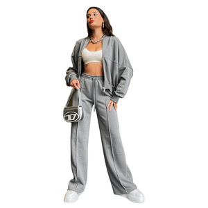 Casual Style Solid Color Reiß verschluss Cardigan Hoodie Damen Straight Pants Anzug Lady 2 Stück <span class=keywords><strong>Top</strong></span> Streetwear Sets - Product Image 3