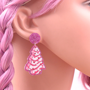 Merry Christmas Tree <strong>Stainless</strong> <strong>Steel</strong> Pink Glitter House Acrylic Dangle Earrings Women's Fashion Drop <strong>Jewelry</strong> - Product Image 4