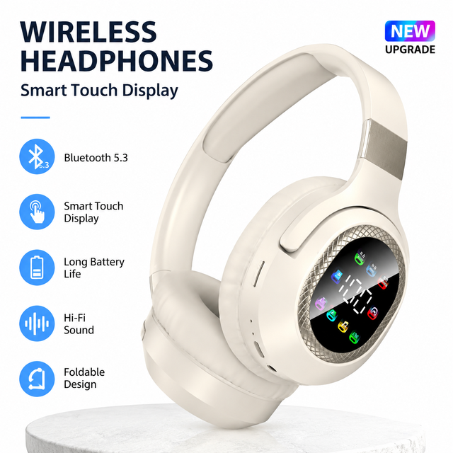 TONGHAN B55 RGB Digital Display Screen Over-Ear for V5.4 Wireless Headphones 5-10 Hours Battery Life App/Button Control