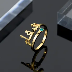 Anillo de nombre árabe personalizado con piedra de nacimiento, anillo islámico personalizado, anillo ajustable chapado en oro de 18K
