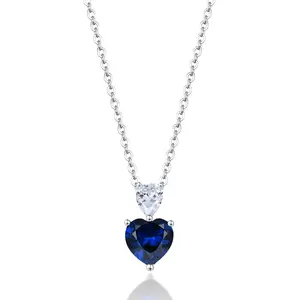 QX CUSTOM OEM Fine Jewelry Vintage Femmes 925 Sterling Silver Blue Cubic Zirconia Stone Heart Pendentif Colliers